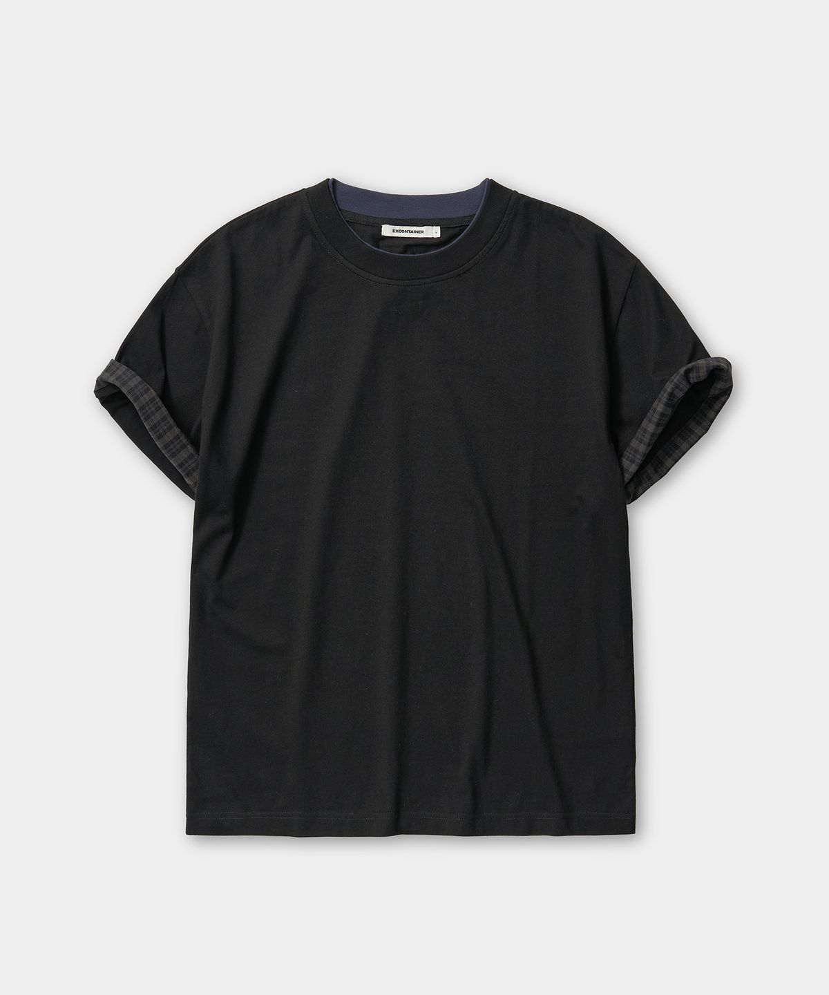 엑스컨테이너(EXCONTAINER) 체크 레이어드 크롭 하프 티셔츠 (BLACK)