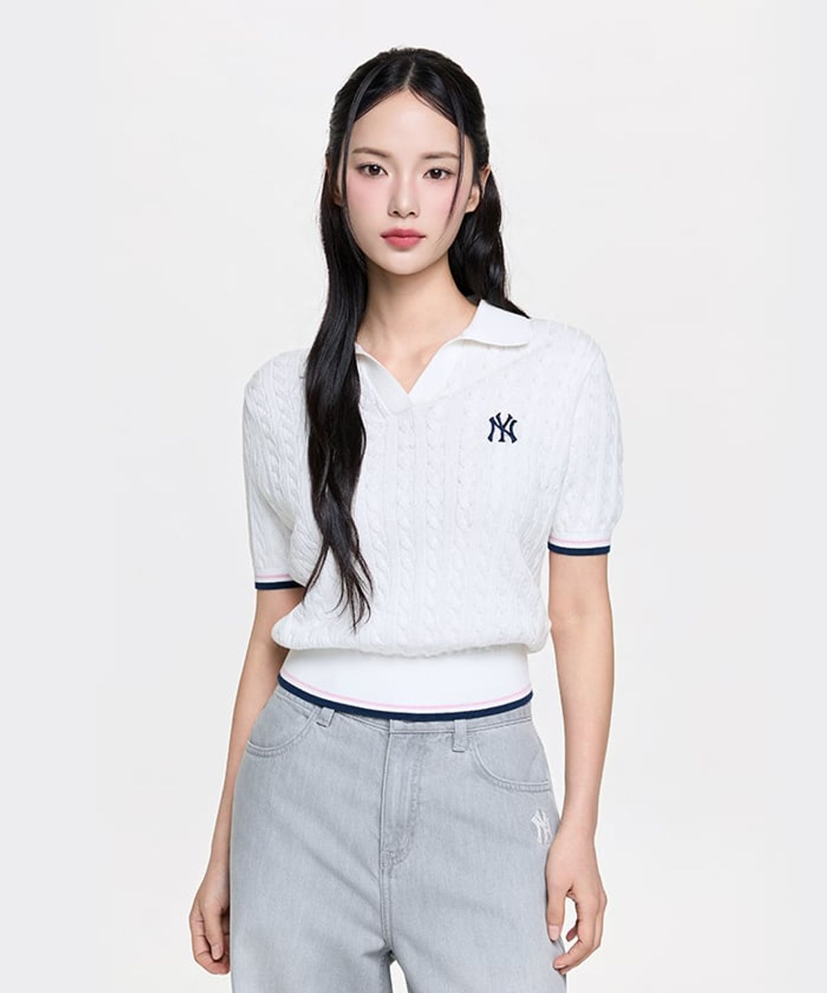 엠엘비(MLB) 여성 바시티 케이블 오픈카라 반팔니트 NY (White)