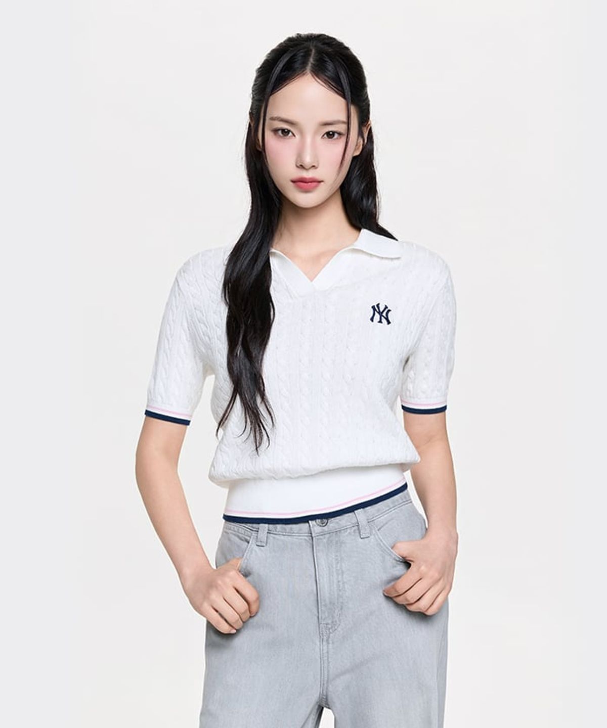 엠엘비(MLB) 여성 바시티 케이블 오픈카라 반팔니트 NY (White)