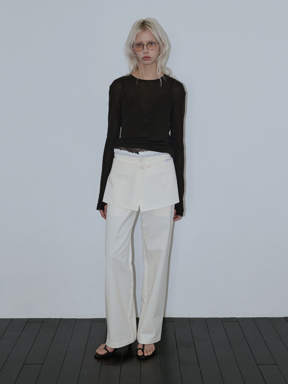 최에(CHOIAE) Trimming Layered Skirt Wrap Pants - Ivory