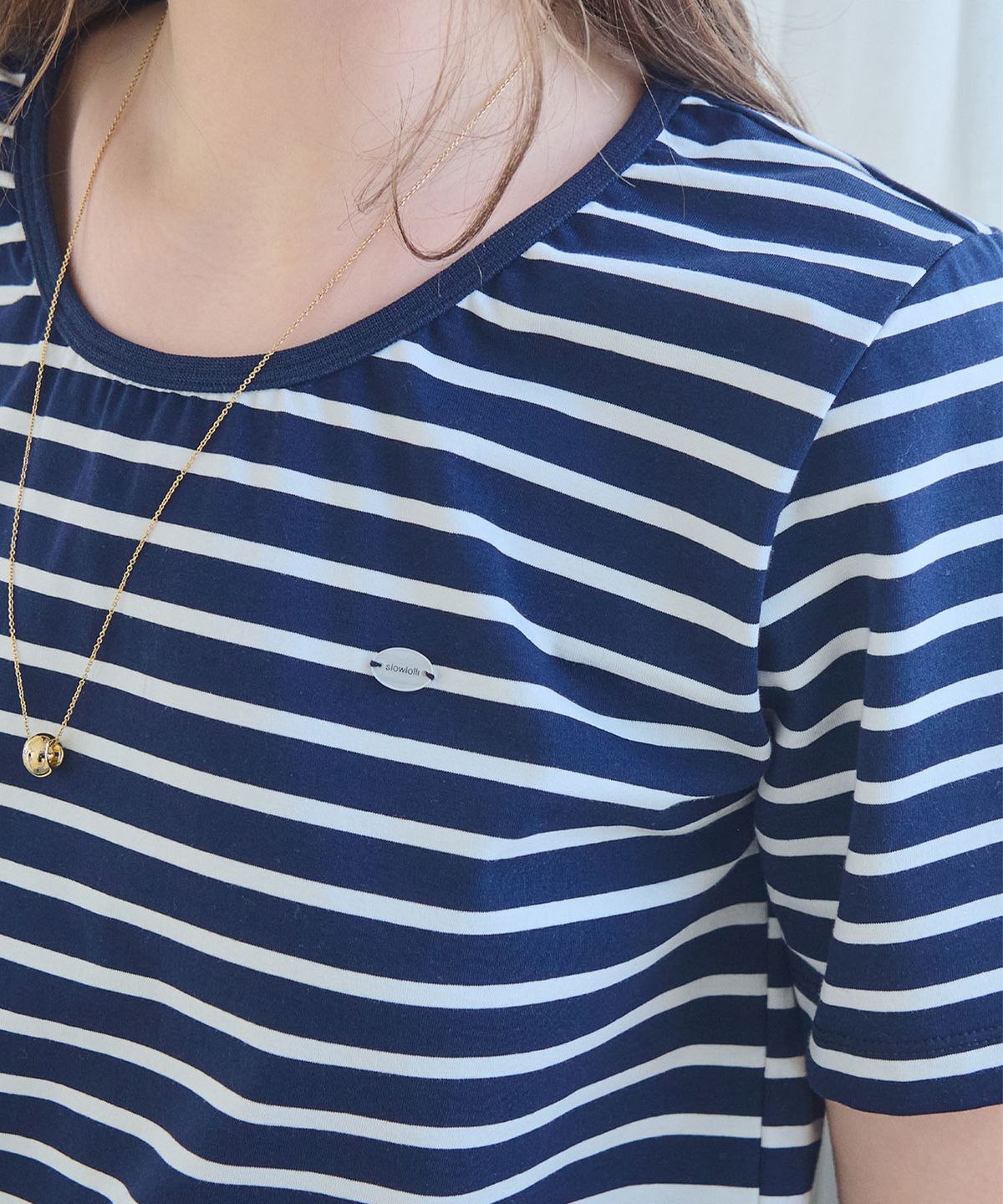 슬로우롤리(SLOWLOLLI) U neck stripe short sleeve t-shirt - Navy
