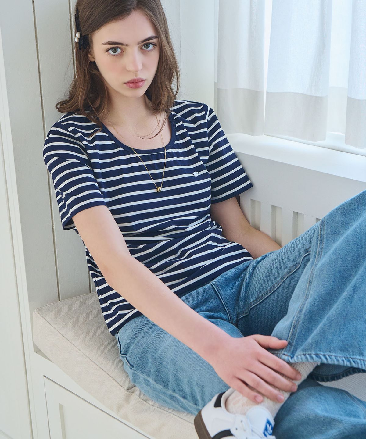 슬로우롤리(SLOWLOLLI) U neck stripe short sleeve t-shirt - Navy