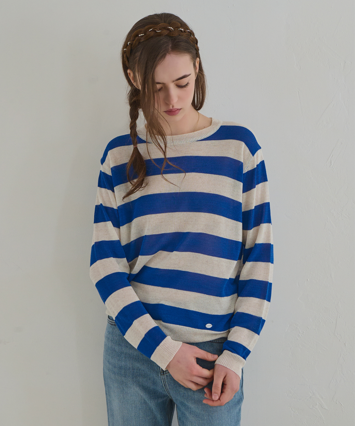 슬로우롤리(SLOWLOLLI) Stripe round-neck knit_4 Colors