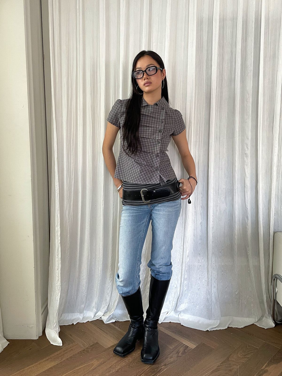 디망쉬(DIMANCHE) Pleated Blouse (grey check)