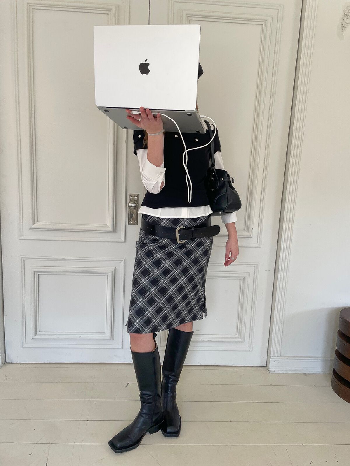 디망쉬(DIMANCHE) Check Midi Skirt (black/white)