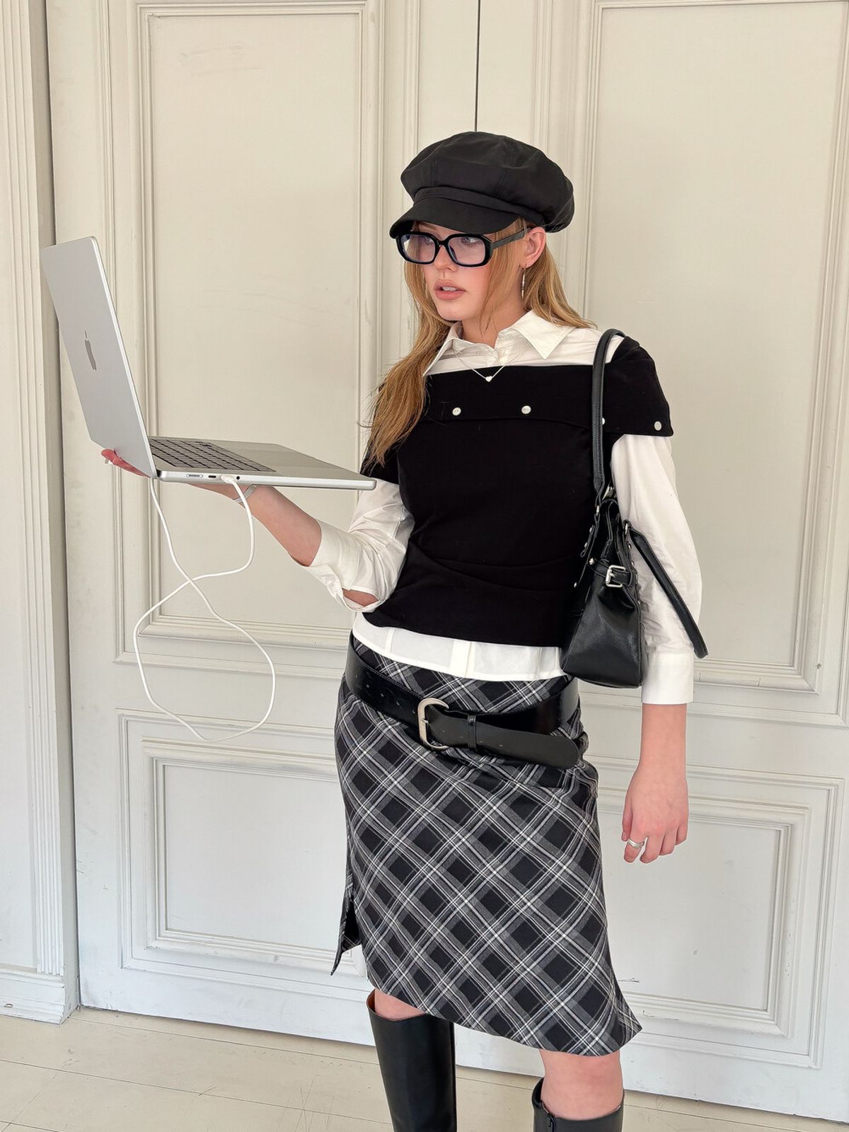 디망쉬(DIMANCHE) Check Midi Skirt (black/white)