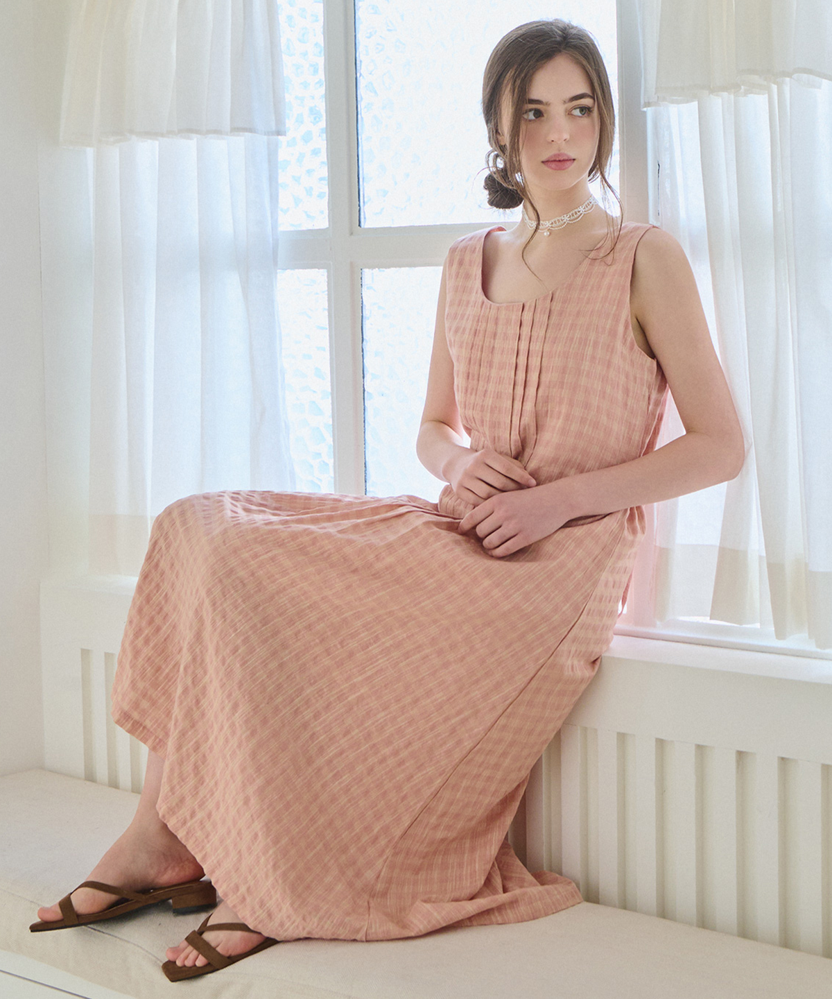 슬로우롤리(SLOWLOLLI) Pintuck bloom dress - Peach pink