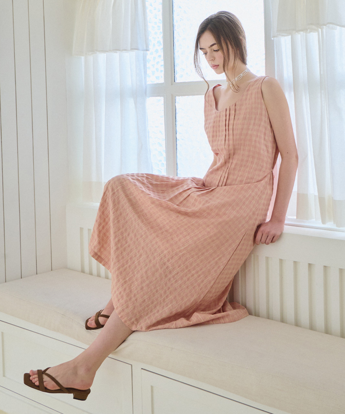 슬로우롤리(SLOWLOLLI) Pintuck bloom dress - Peach pink