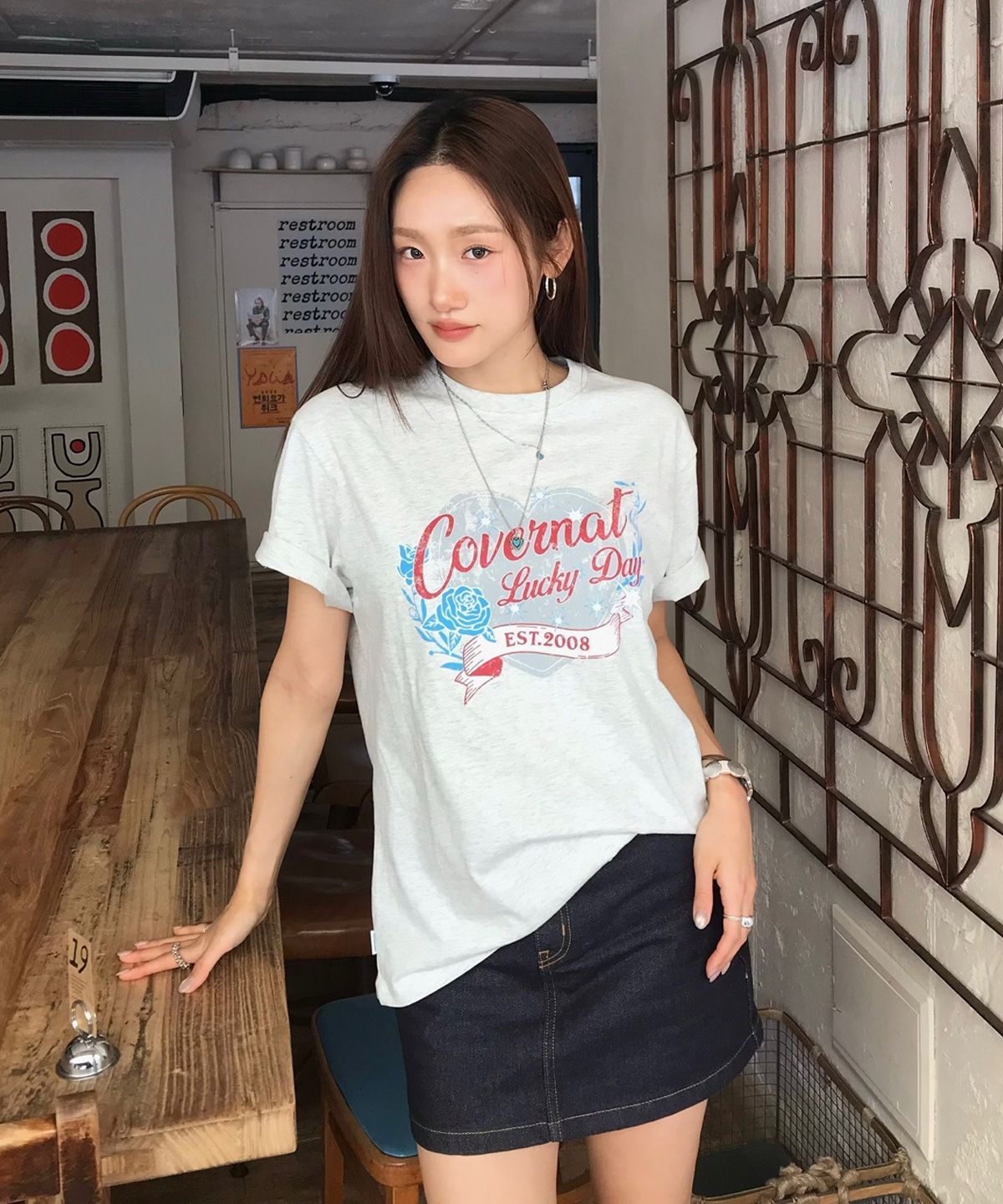 커버낫 우먼(COVERNAT WOMAN) 우먼 오버핏 빈티지 그래픽 티셔츠 헤더 그레이
