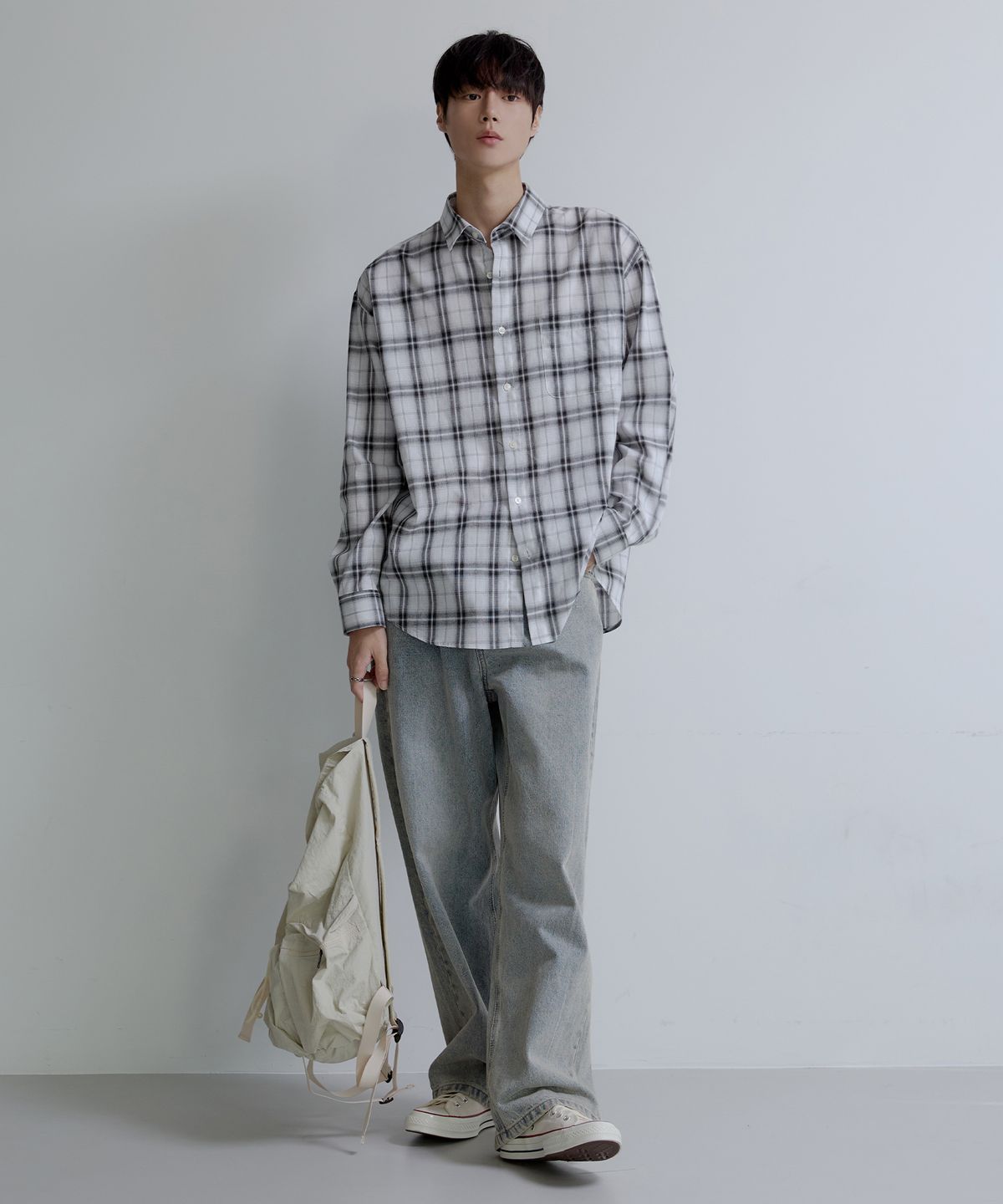 노드유(NODU) 너드 데일리 루즈핏 체크 셔츠 [화이트]