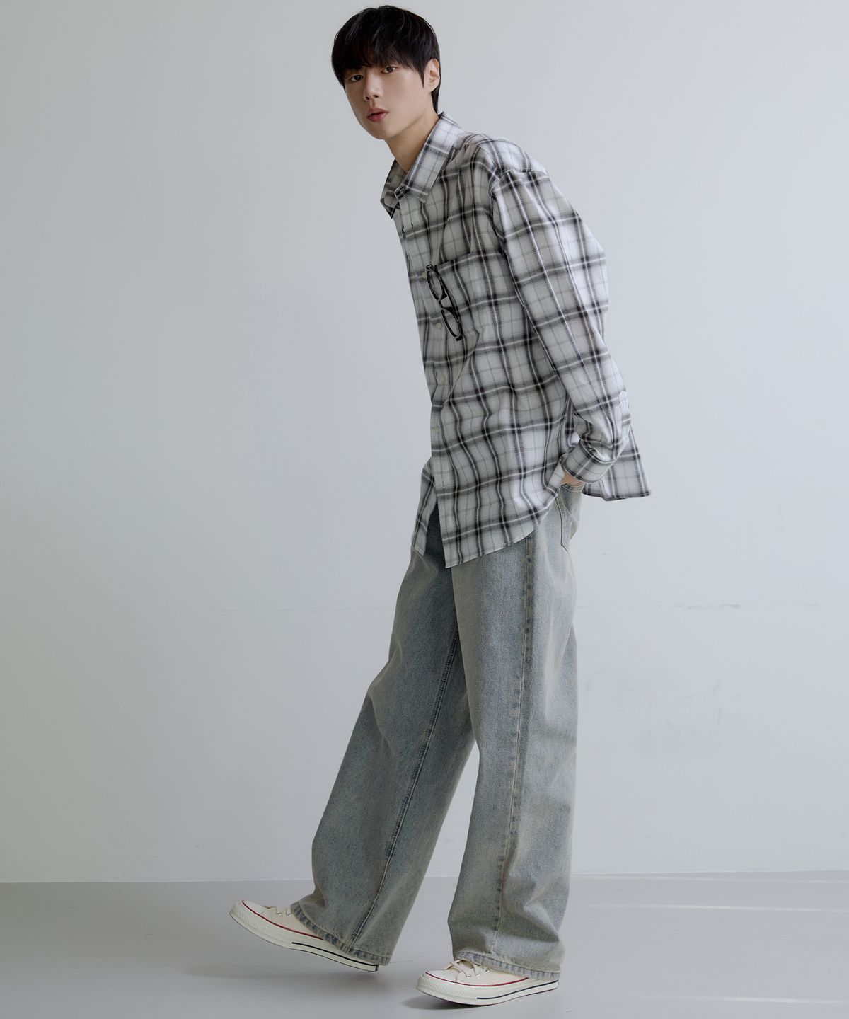 노드유(NODU) 너드 데일리 루즈핏 체크 셔츠 [화이트]