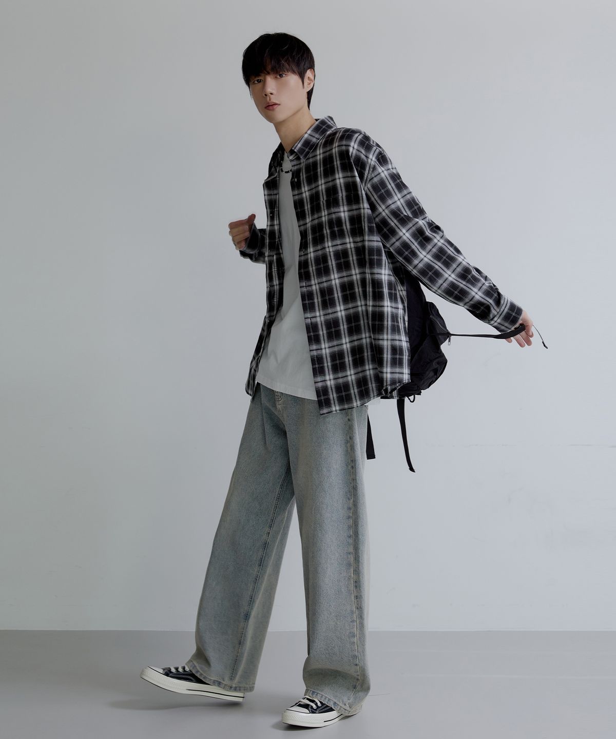 노드유(NODU) 너드 데일리 루즈핏 체크 셔츠 [블랙]
