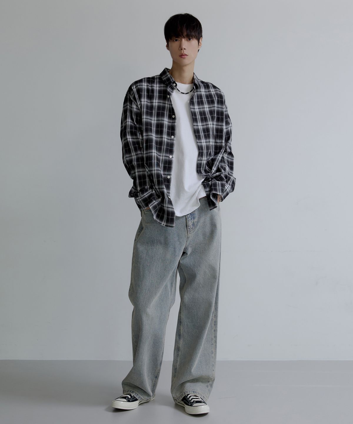 노드유(NODU) 너드 데일리 루즈핏 체크 셔츠 [블랙]