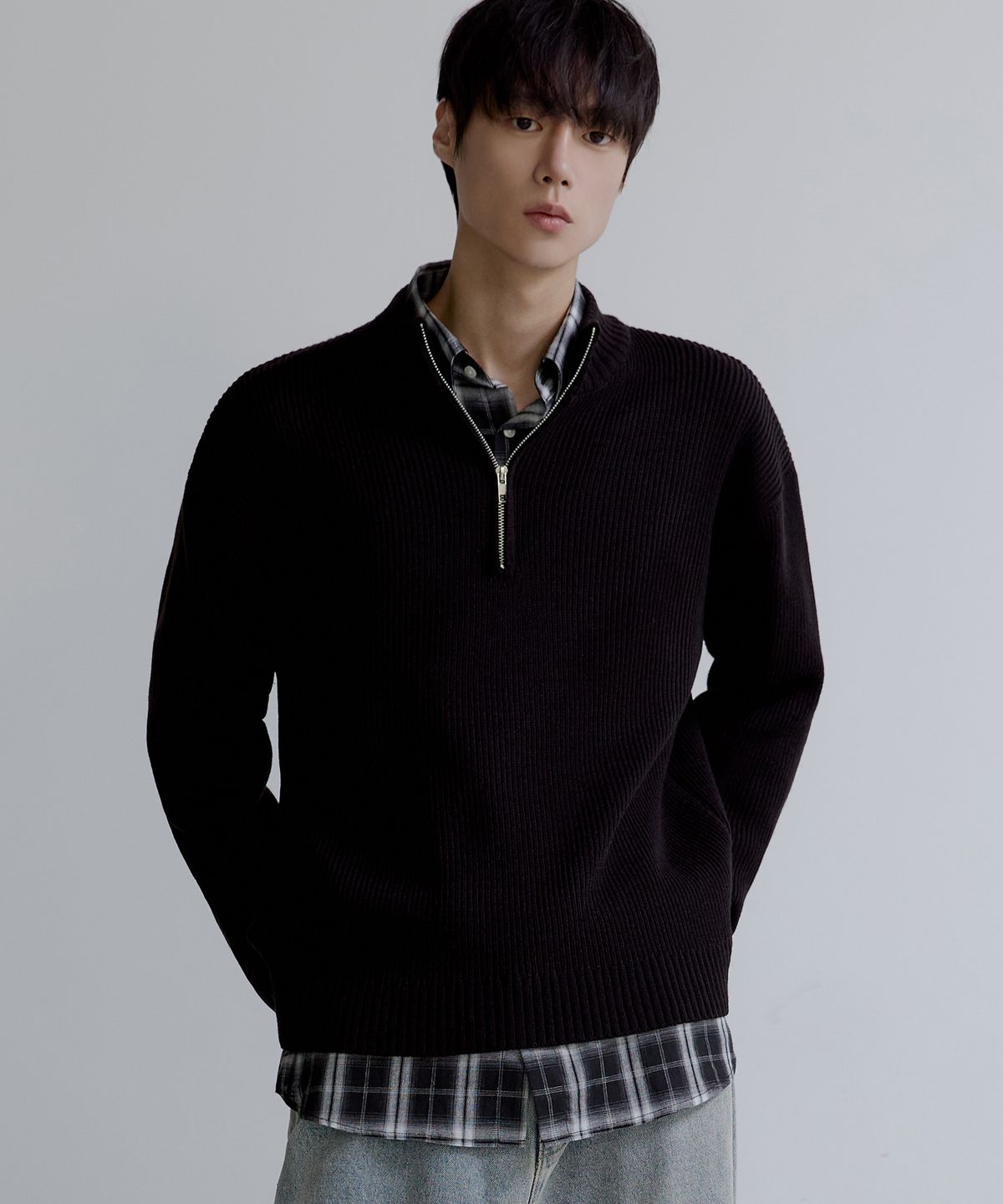 노드유(NODU) 쿼터 하프 집업 골지 니트 [블랙]