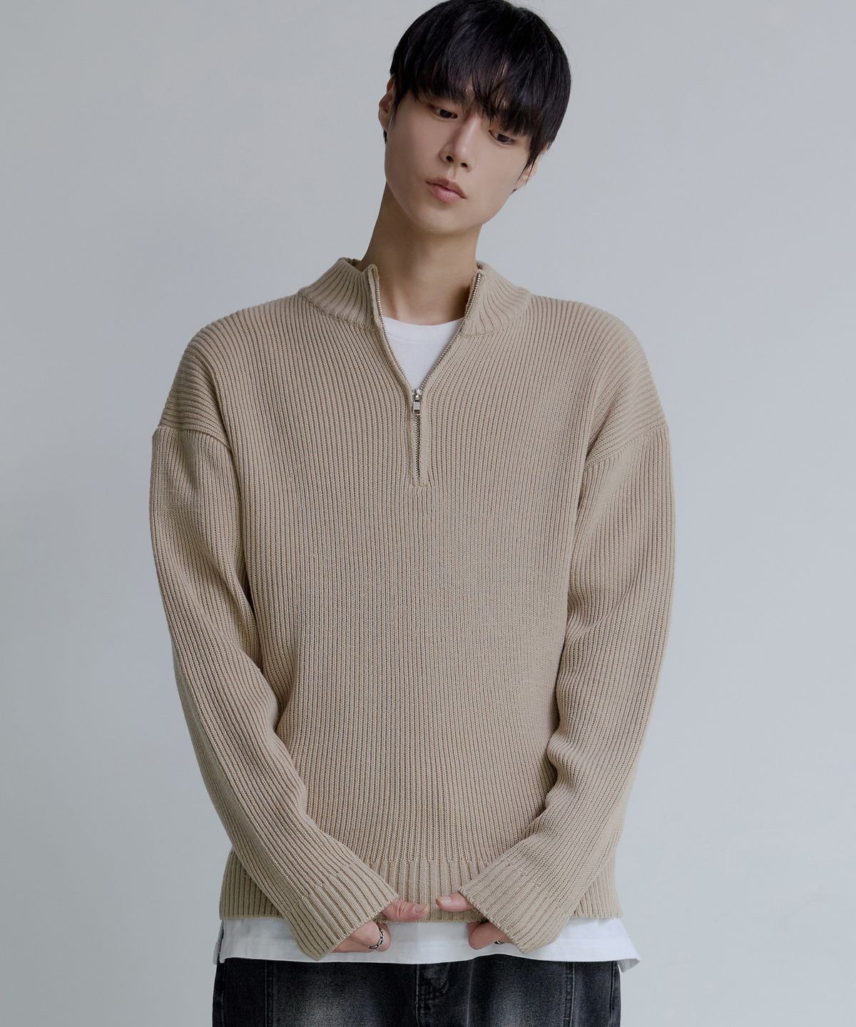 노드유(NODU) 쿼터 하프 집업 골지 니트 [베이지]