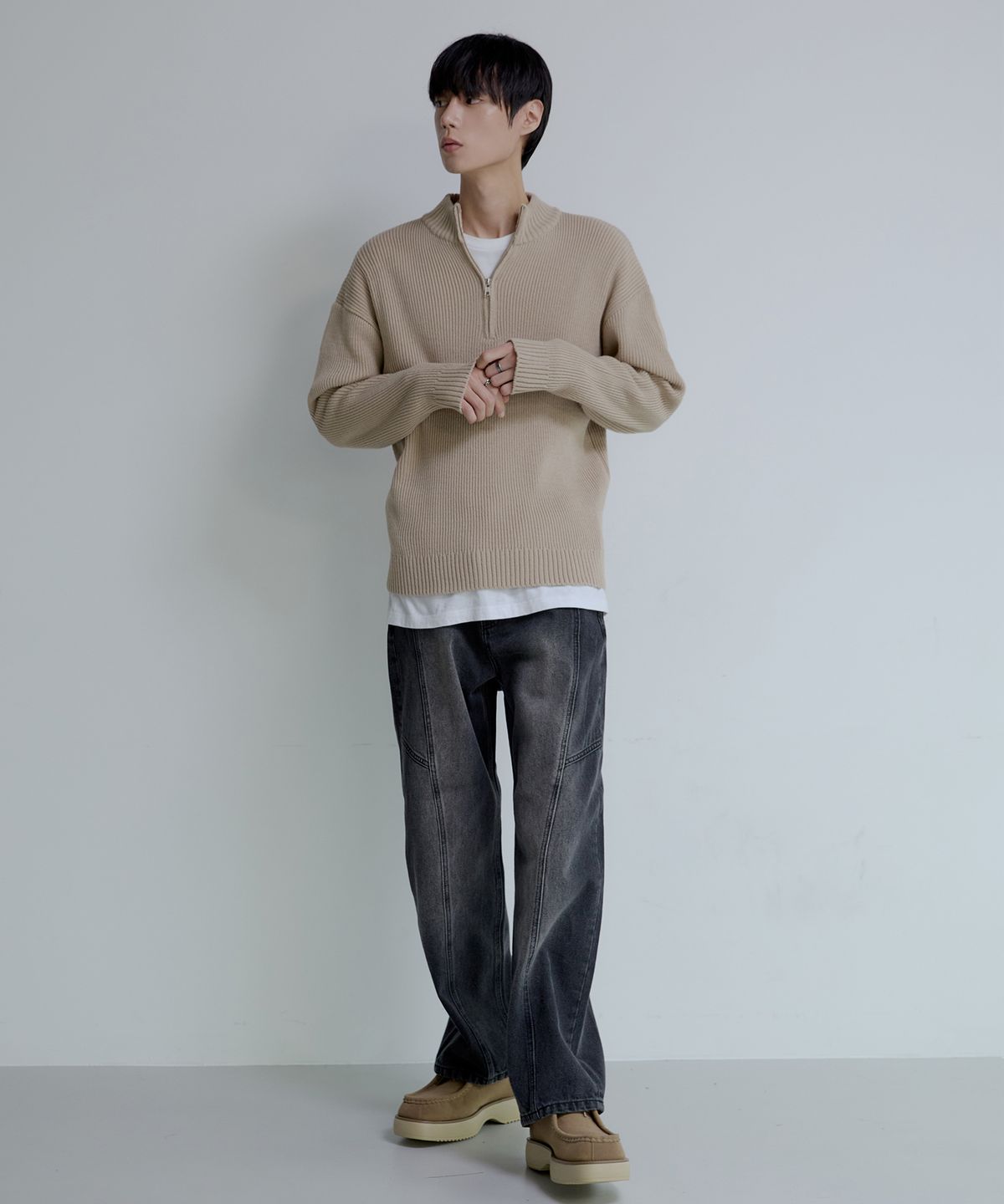 노드유(NODU) 쿼터 하프 집업 골지 니트 [베이지]
