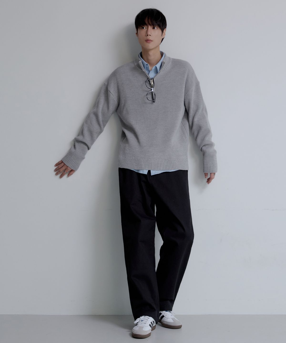 노드유(NODU) 쿼터 하프 집업 골지 니트 [그레이]