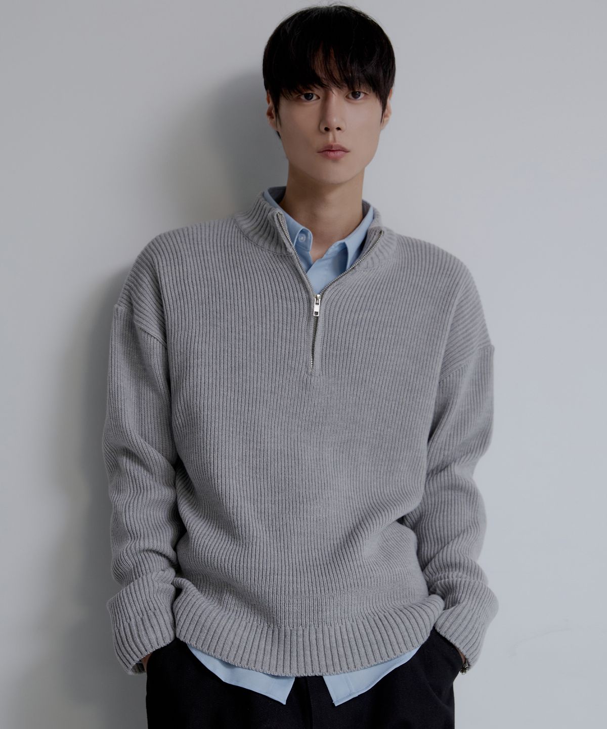 노드유(NODU) 쿼터 하프 집업 골지 니트 [그레이]
