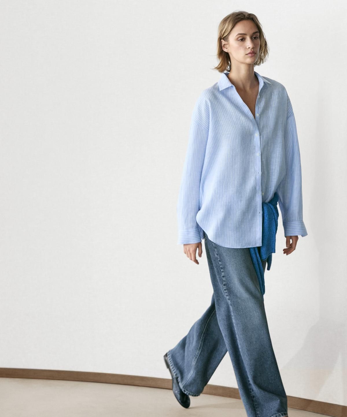마시모두띠(MASSIMO DUTTI) 100% 린넨 스트라이프 플루이드 셔츠