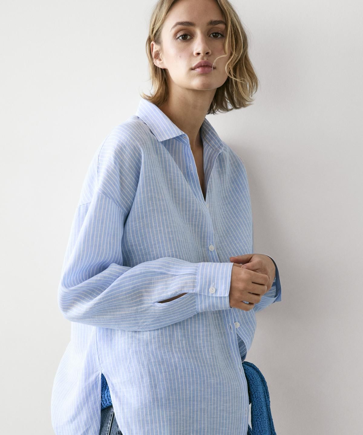마시모두띠(MASSIMO DUTTI) 100% 린넨 스트라이프 플루이드 셔츠
