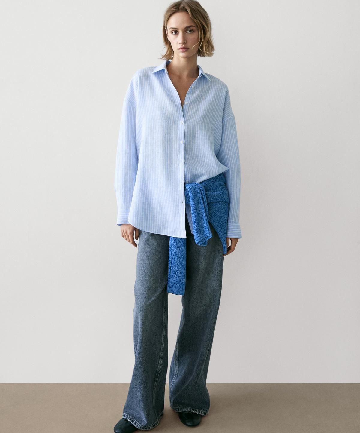 마시모두띠(MASSIMO DUTTI) 100% 린넨 스트라이프 플루이드 셔츠
