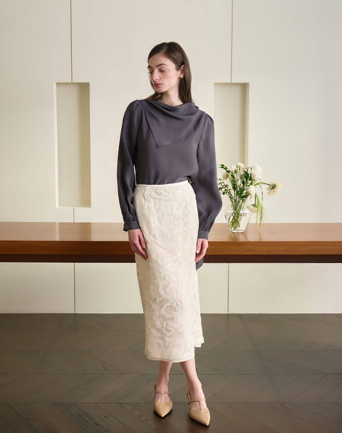 지에마르(GIEMAR) SPANGLE SKIRT IVORY 스팽글 스커트 아이보리
