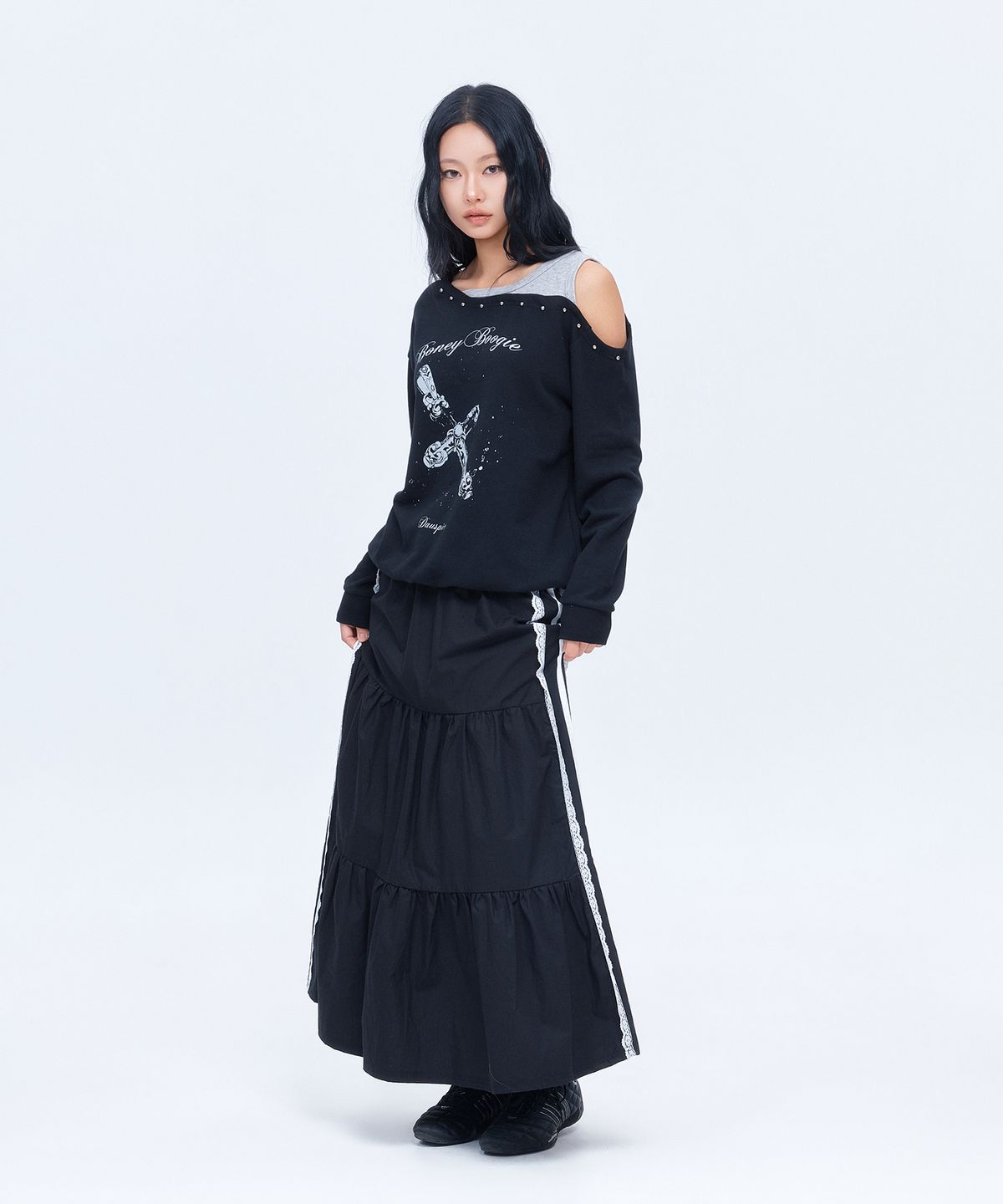 디오스피스(DAUSPICE) (DUC) Sideline Tiered Long Skirt Black