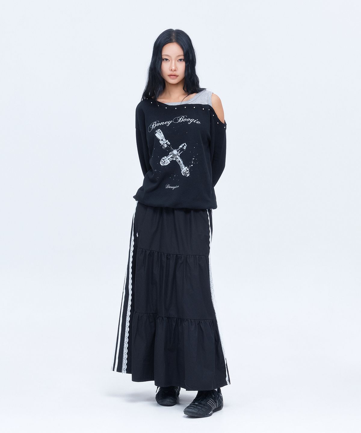 디오스피스(DAUSPICE) (DUC) Sideline Tiered Long Skirt Black
