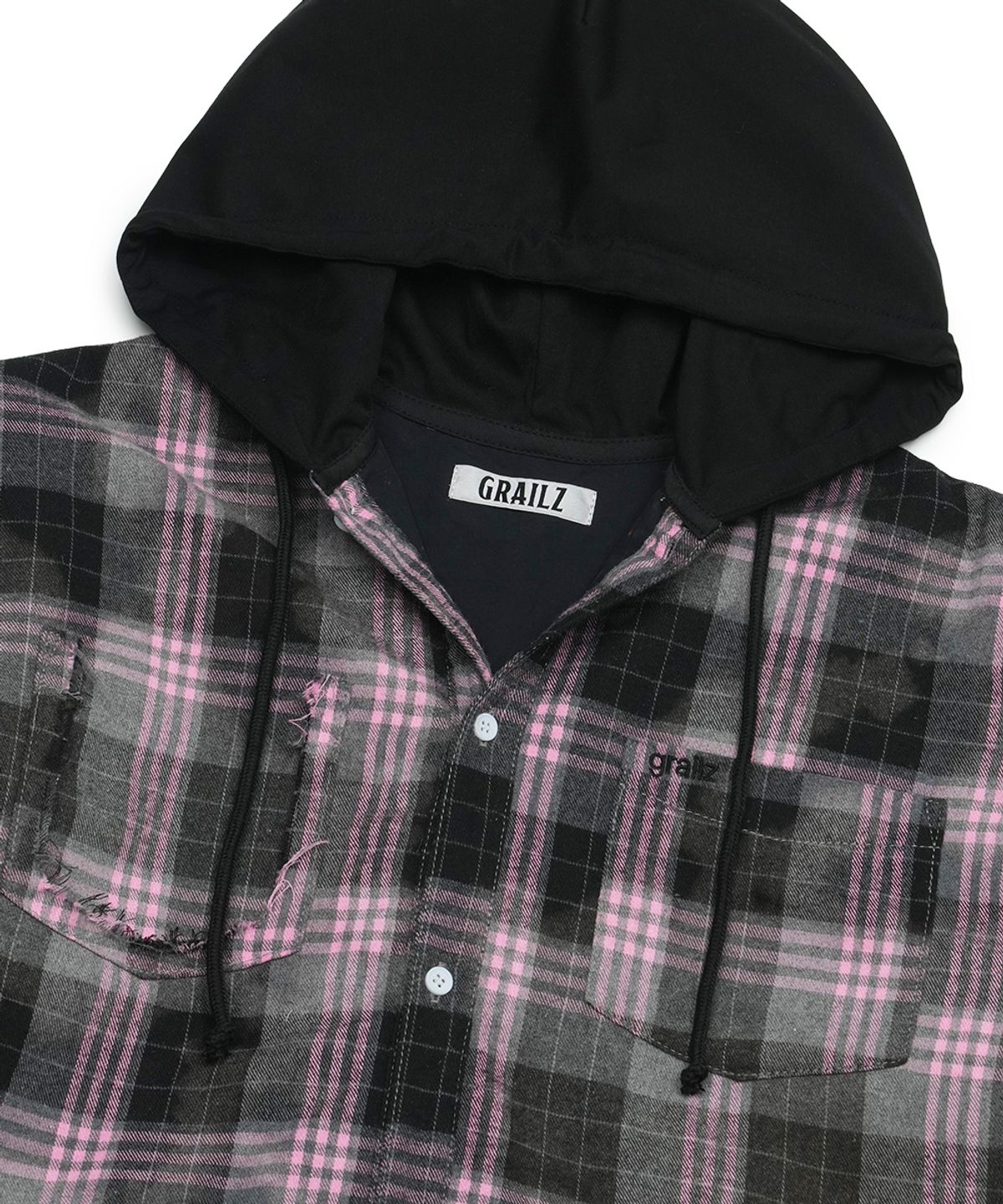 그레일즈(GRAILZ) BLEACHED PLAID HOOD SHIRTS [BLACK]