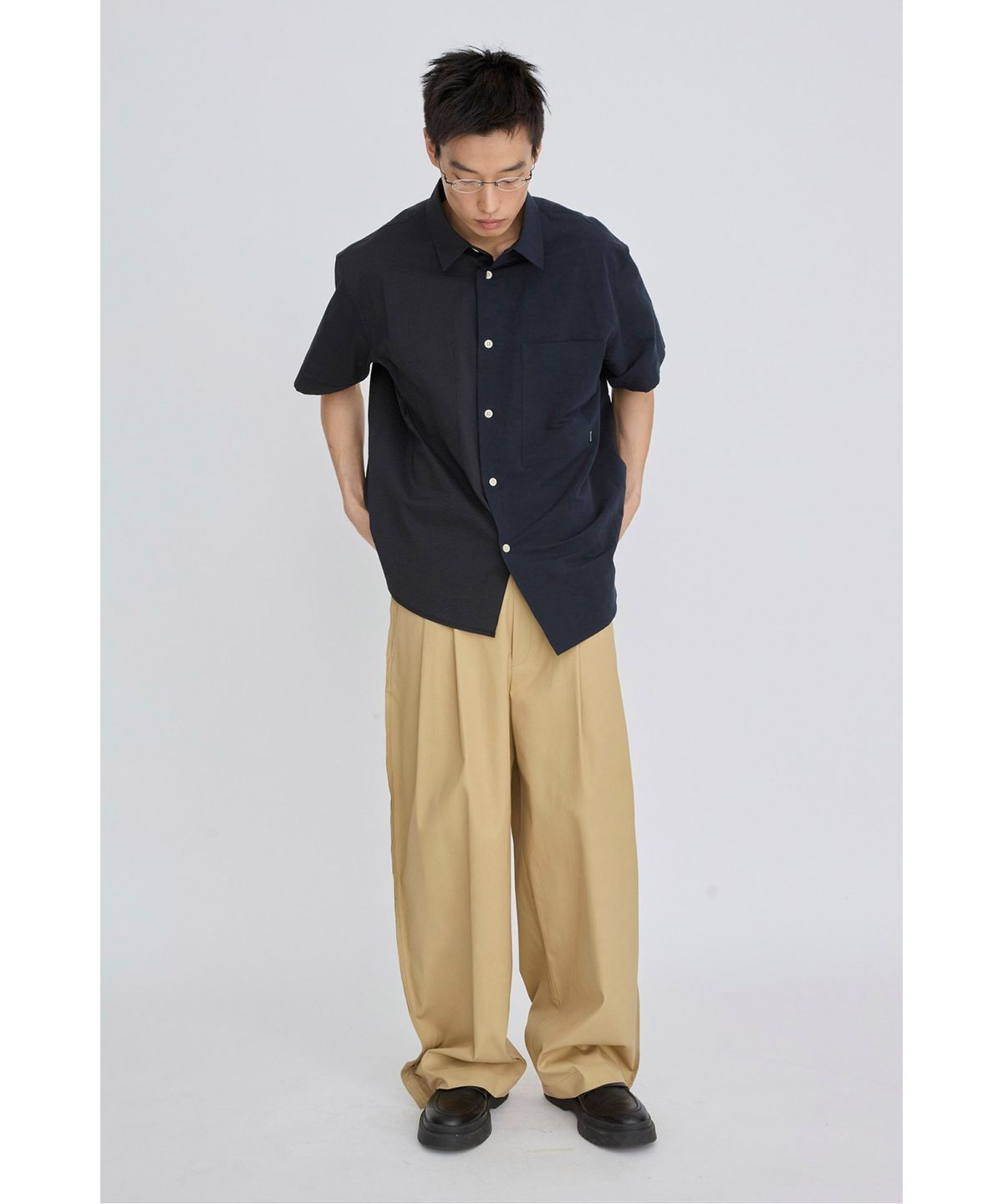 래코드(RECODE) Split Short Sleeve Seersucker Shirt RKSAM26614NYX