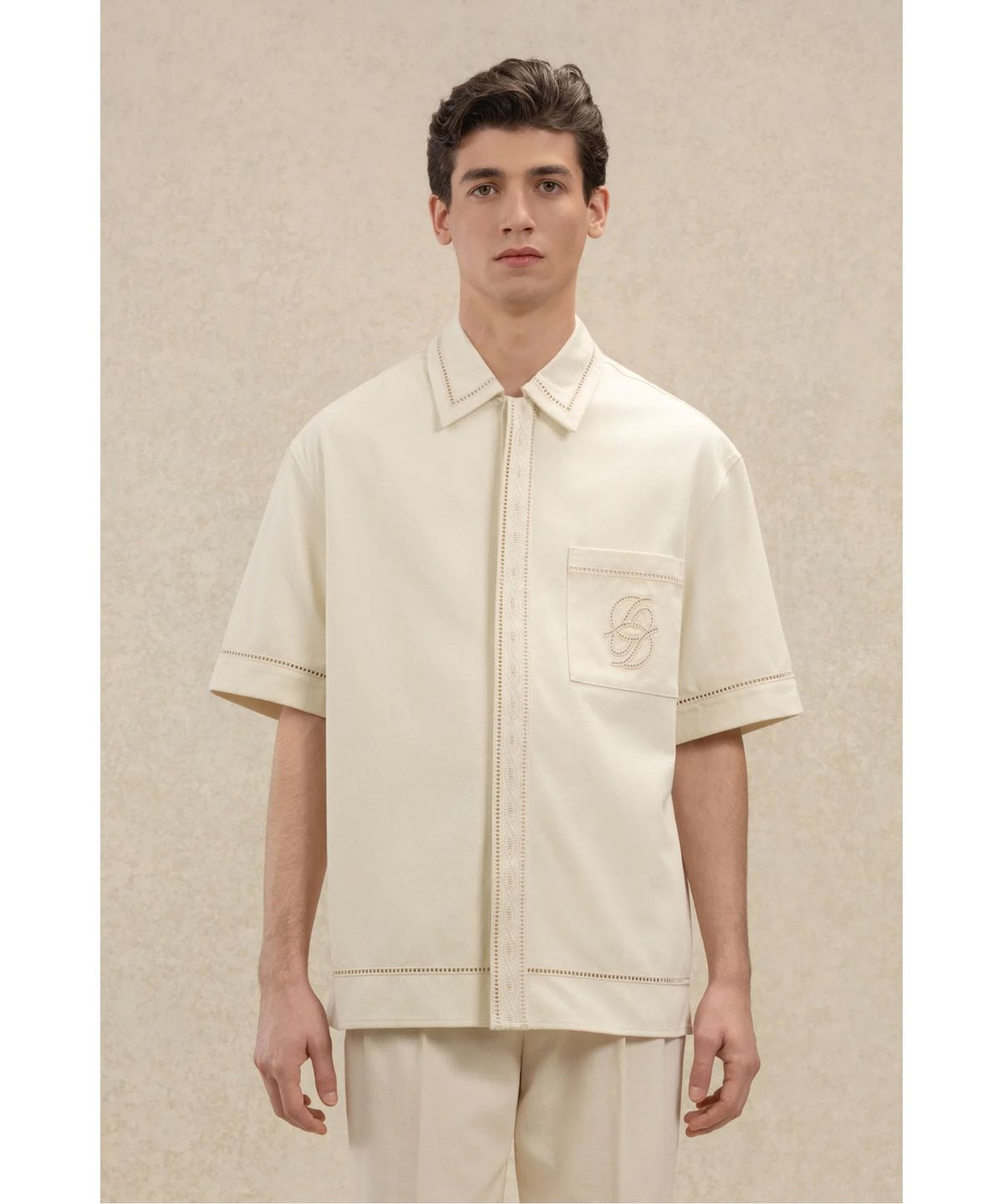 드롤드무슈(DROLE DE MONSIEUR) 미러 D 자수 오픈칼라 셔츠 Chemise Broderie D Miroir Coton D0SCM26208WHM