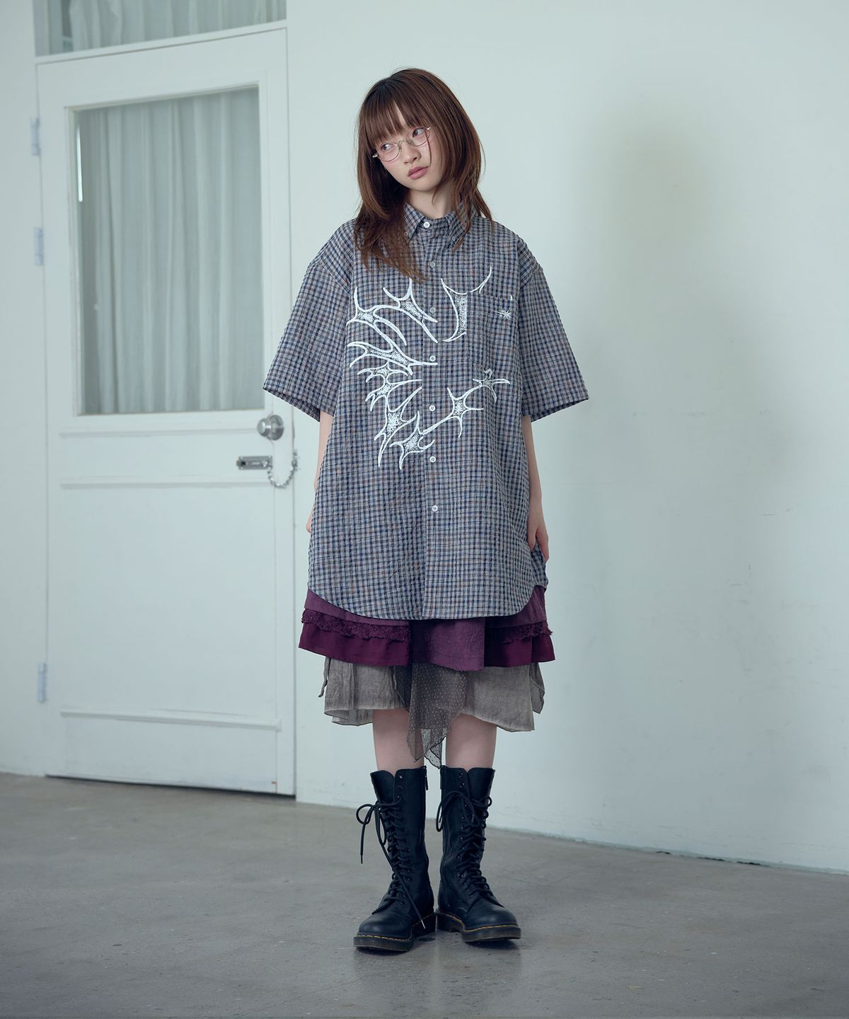 나이스고스트클럽(NICEGHOSTCLUB) TORNADO STAR CHECK BIG BIG HALF SHIRT_GREY(NG2GMUW361A)
