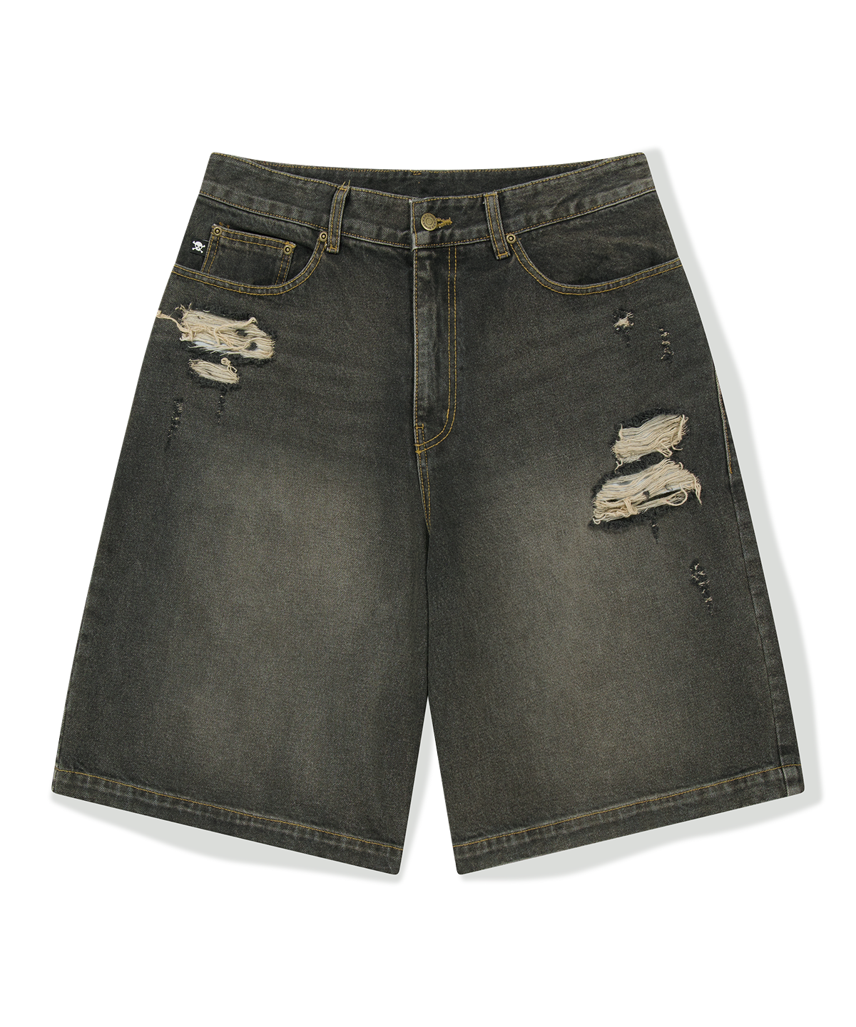 위캔더스(WKNDRS) [KOIN SEOUL] DAMAGED SKULL DENIM SHORTS (BLACK)