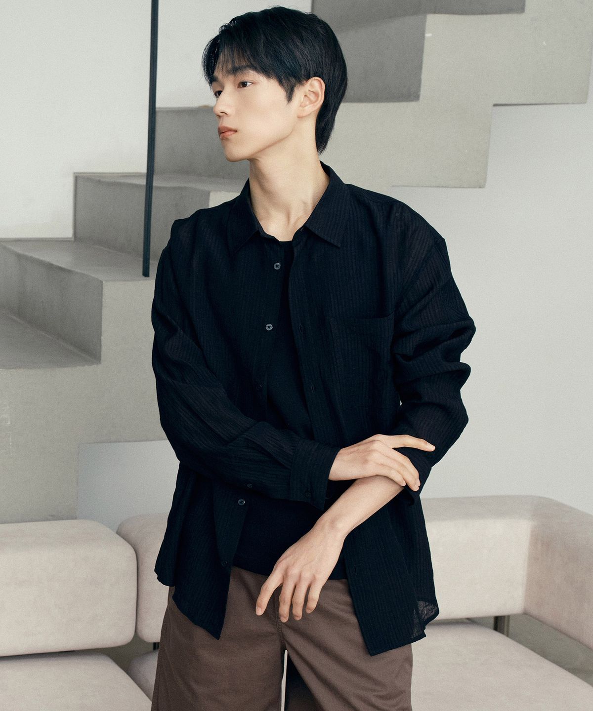 마인드브릿지(MINDBRIDGE) [COUTURE]크링클 스트라이프 오버핏 셔츠 - 2color