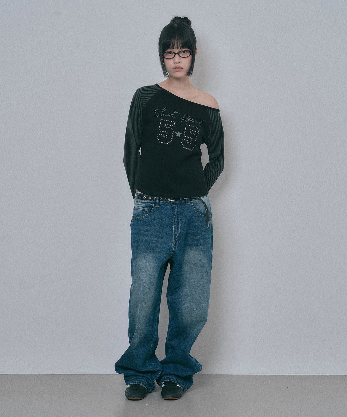 엠오오(MOO) 새깅 와이드 데님팬츠 - 딥블루