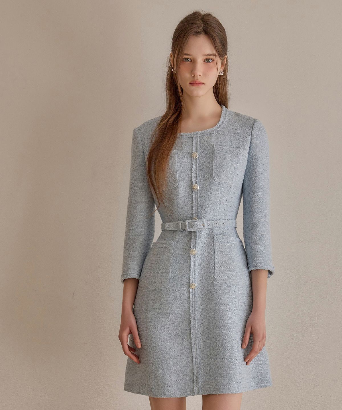 쥴리앤칼라(JULIY&CALLA) 26SS Calla136 쉬비긴즈 벨라 트위드 원피스 스카이블루