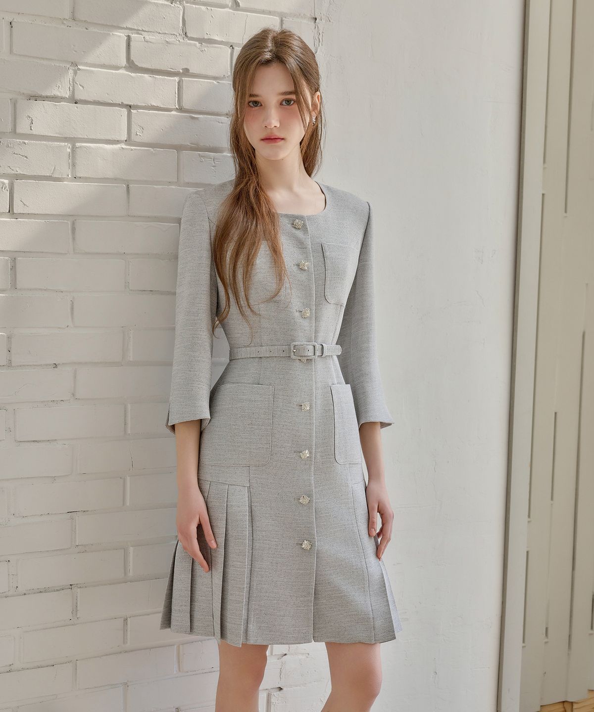 쥴리앤칼라(JULIY&CALLA) 26SS Calla135 쉬비긴즈 엘라플리츠 트위드 원피스 _보카시 블랙
