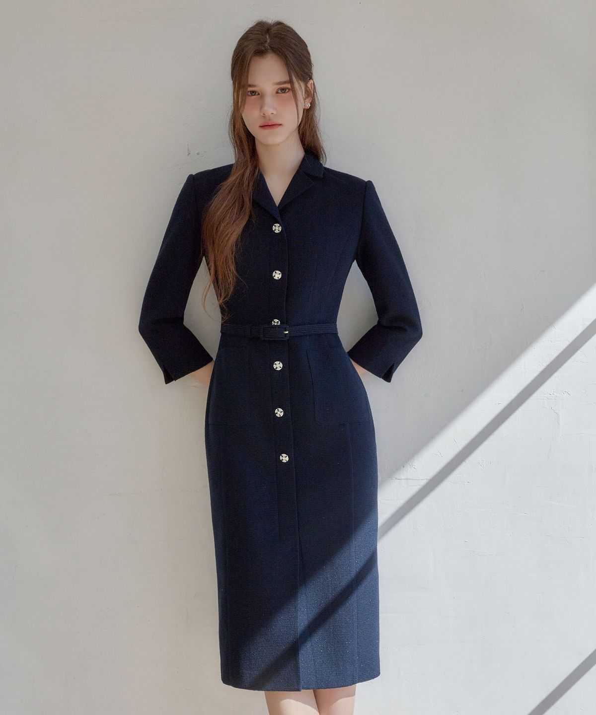 쥴리앤칼라(JULIY&CALLA) 26SS Calla134 쉬비긴즈 세레나 트위드 원피스 네이비