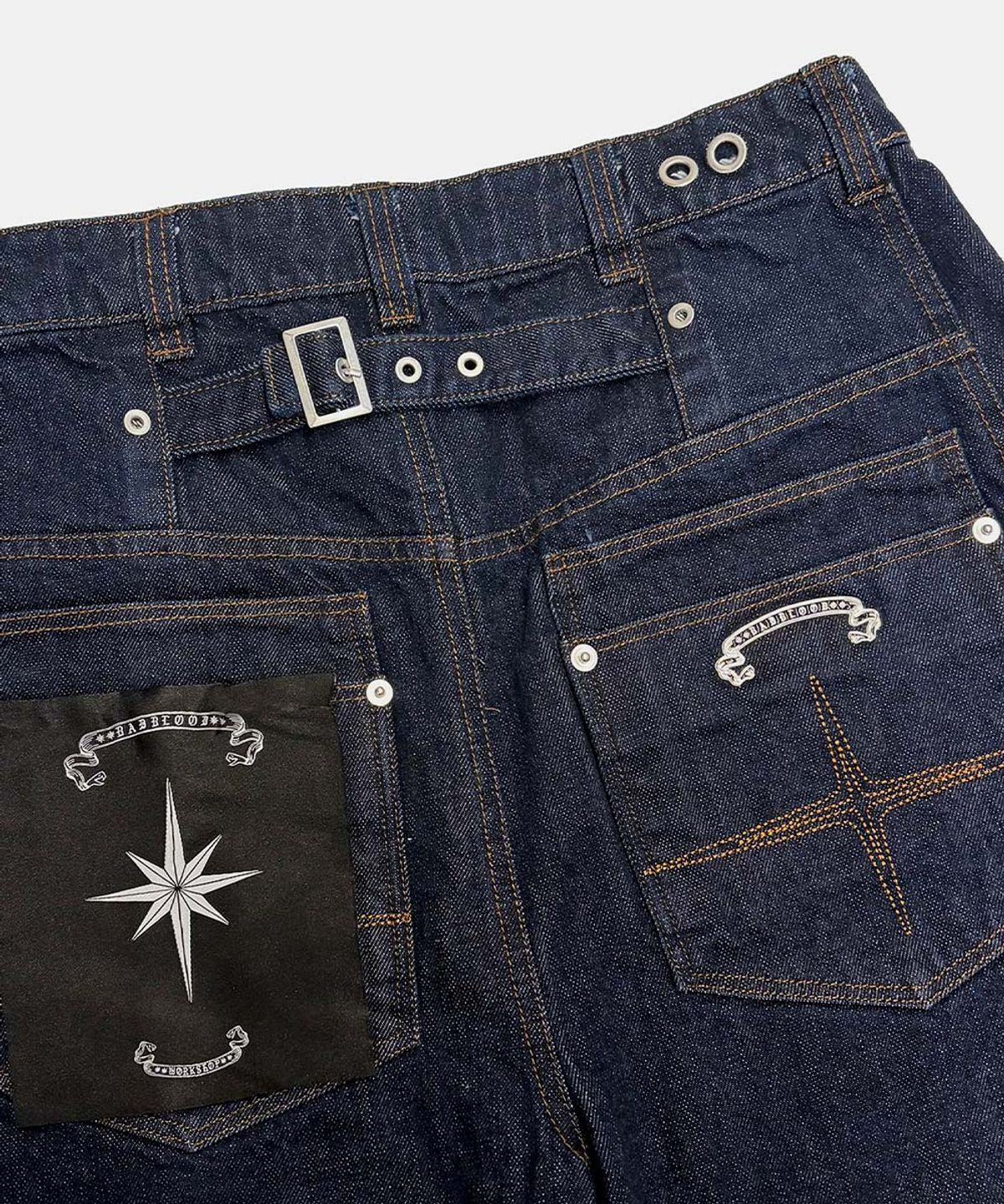 배드블러드(BADBLOOD) Selvedge Cinch-Back Curved Fit Pants - Blue
