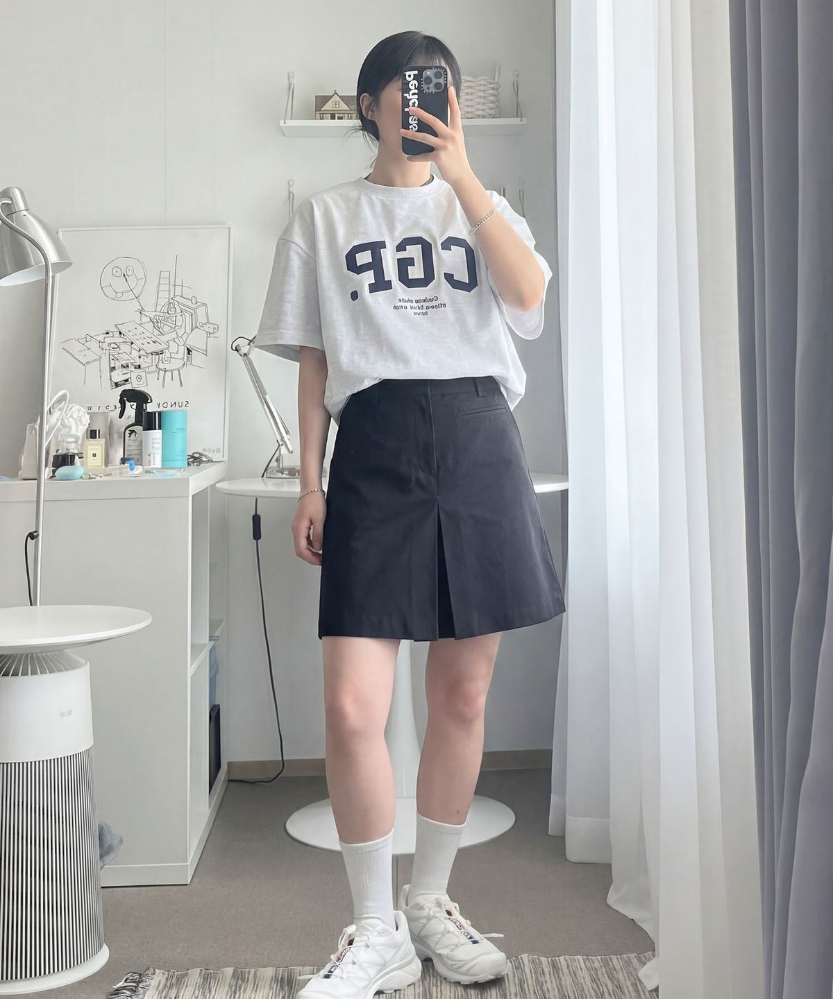 코드그라피(CGP) (우먼) 플리츠 포인트 미디 스커트-다크 네이비