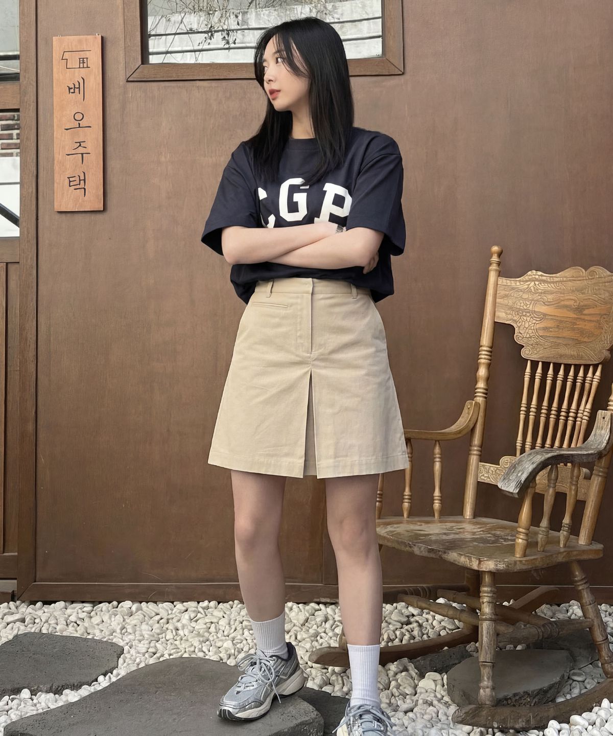 코드그라피(CGP) (우먼) 플리츠 포인트 미디 스커트-베이지