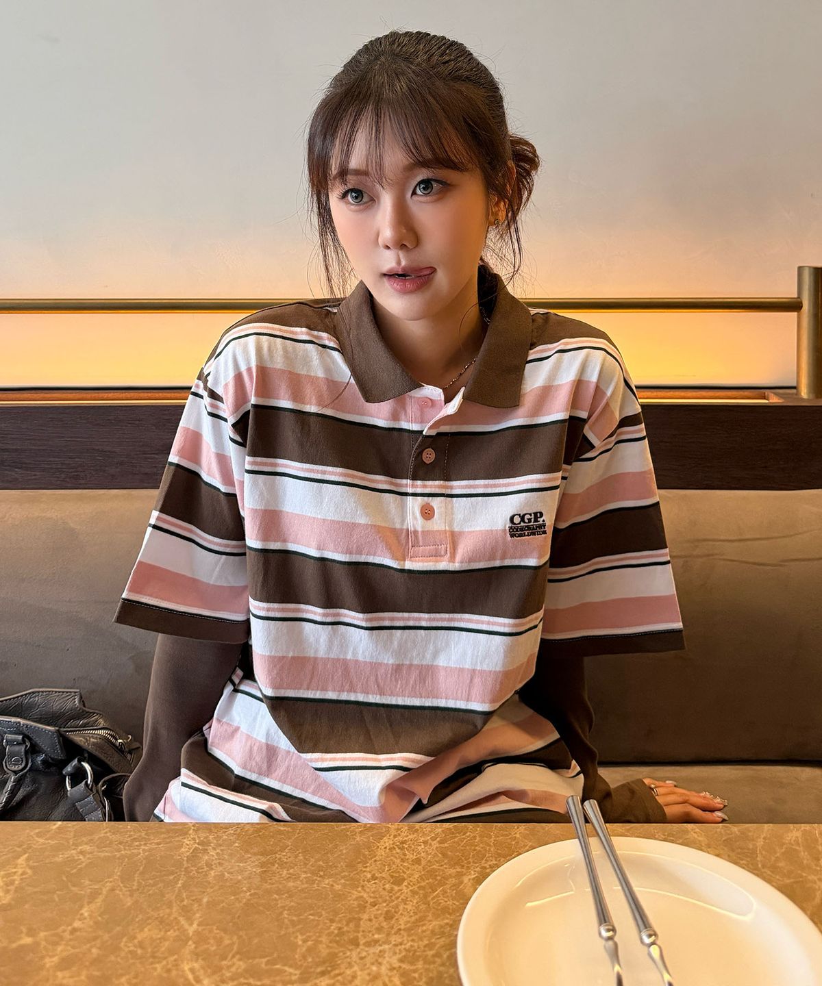 코드그라피(CGP) 멀티 스트라이프 반소매 카라 티셔츠-브라운
