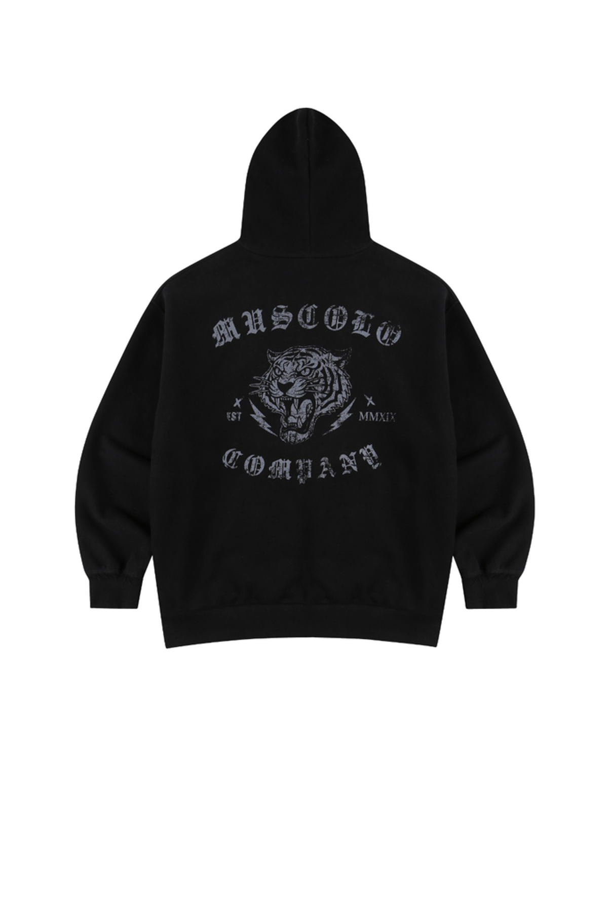 머스콜로(MUSCOLO) 타이거 그래픽 빈티지 워시 후디 - 블랙
