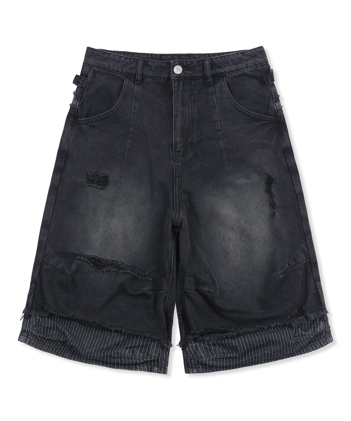 엑스톤즈(XTONZ) XP316 스트라이프 레이어드 버뮤다 데님 팬츠 (BLACK)
