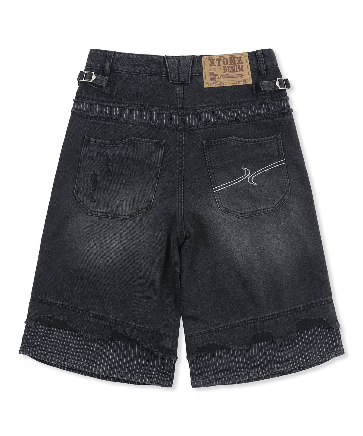 엑스톤즈(XTONZ) XP316 스트라이프 레이어드 버뮤다 데님 팬츠 (BLACK)