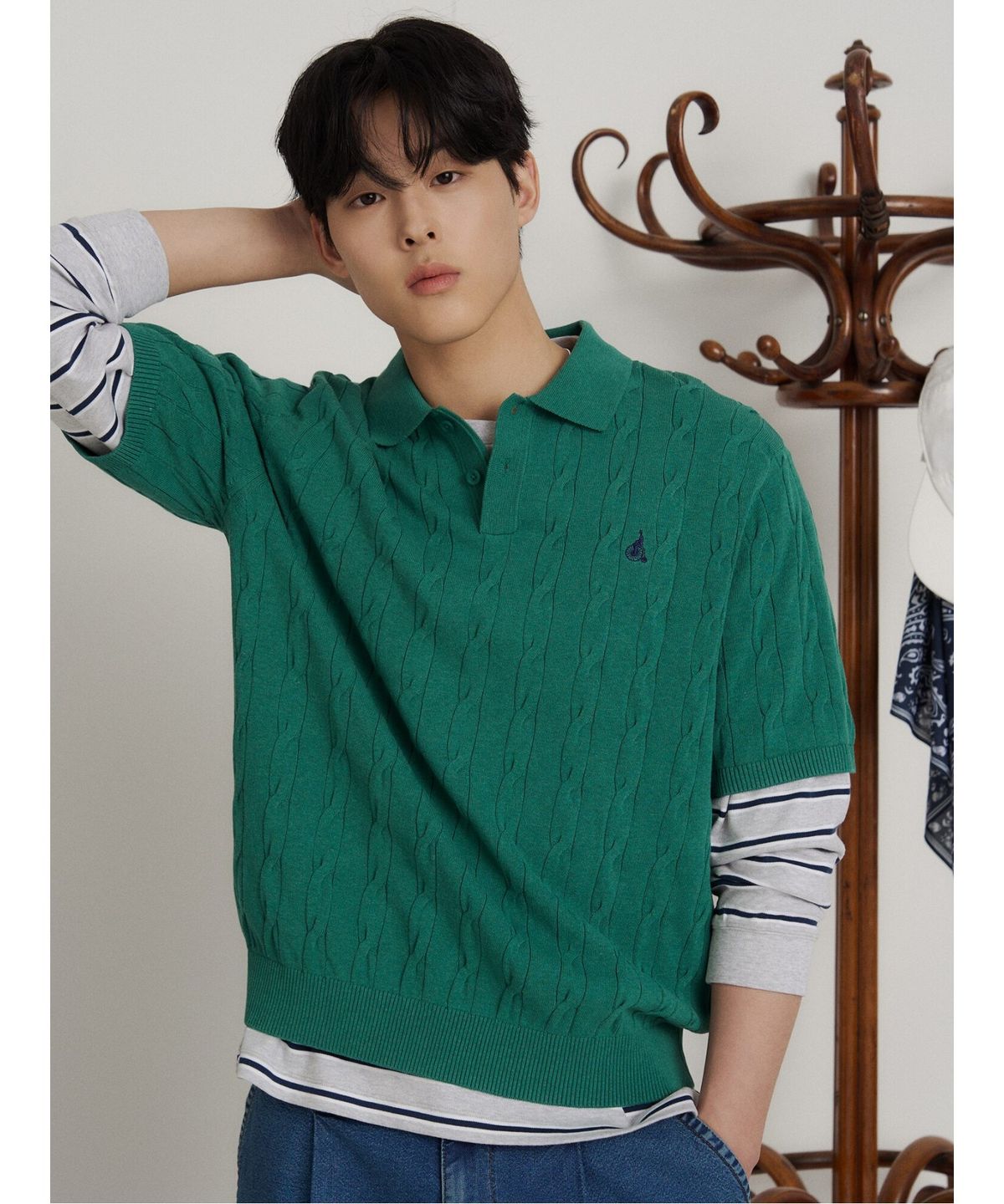 빈폴 멘(BEANPOLE MEN) 케이블 칼라넥 니트  그린