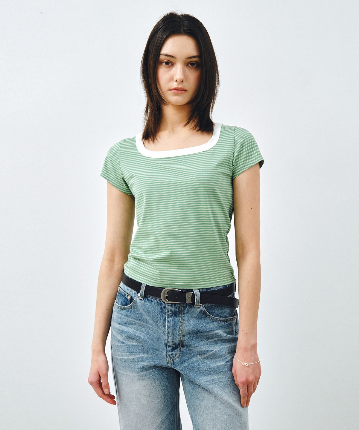 몽돌(MONGDOL) 스퀘어넥 스트라이프 반팔 티셔츠 그린 MDTS098GREEN