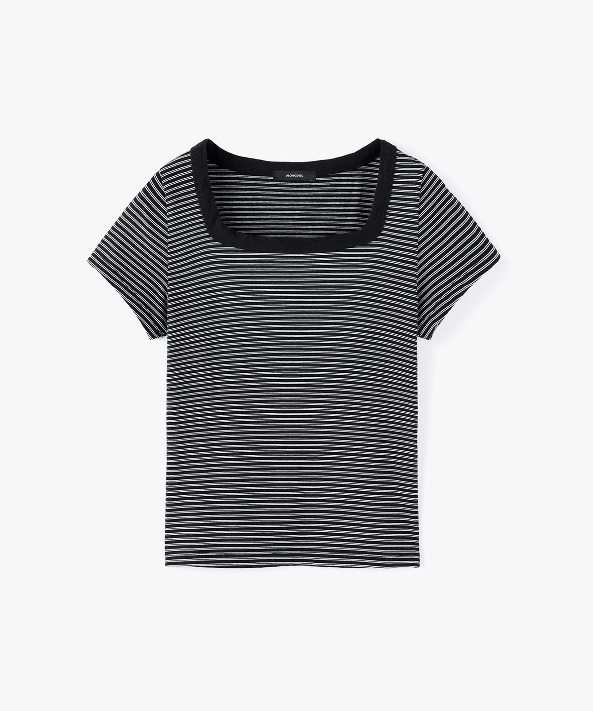몽돌(MONGDOL) 스퀘어넥 스트라이프 반팔 티셔츠 블랙 MDTS098BLACK