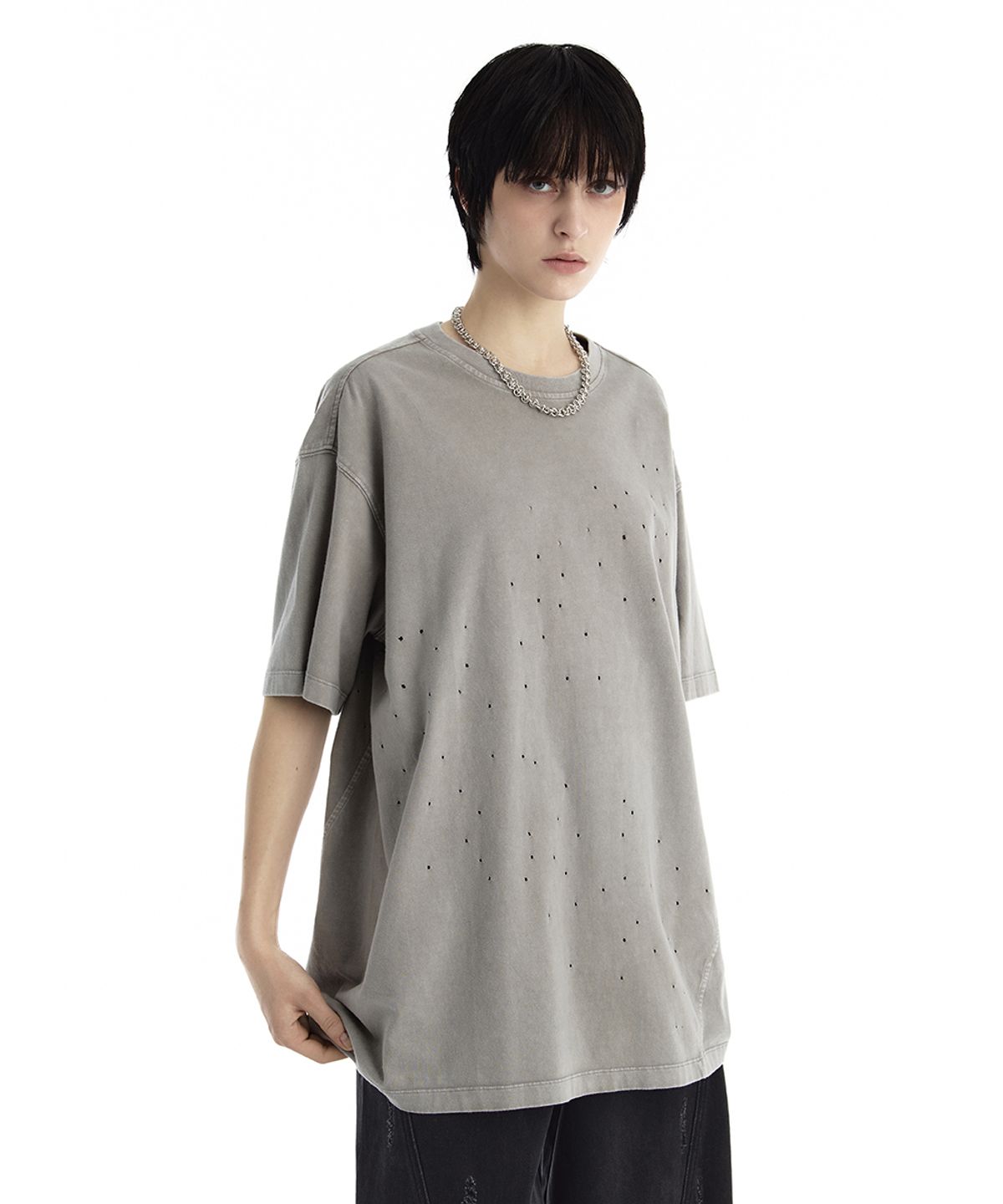 트리밍버드(TREEMINGBIRD) Distressed Garment Washed T-Shirt [ Light Gray ]