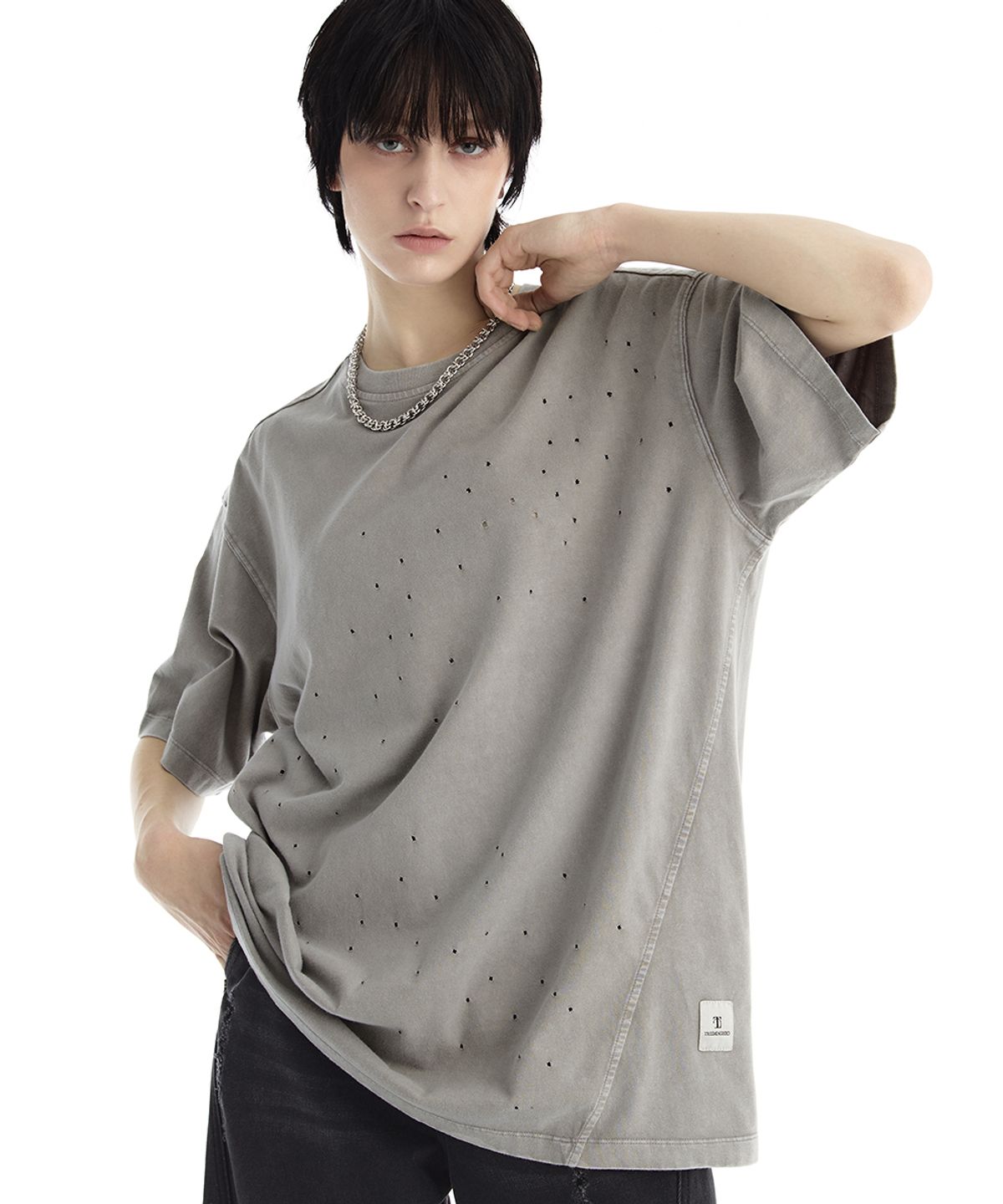 트리밍버드(TREEMINGBIRD) Distressed Garment Washed T-Shirt [ Light Gray ]